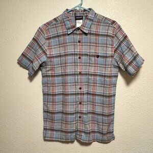 Patagonia Short Sleeve Blue Pink‎ Organic Cotton Shirt Mens Size M